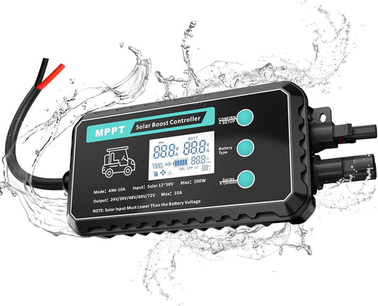 10A Waterproof Boost MPPT Solar Charge Controller – Step-Up Charger for 48V Golf Cart Battery, Electric Bike, Skateboard & Surfboard – Supports LiFePO4, Gel, Lead-Acid – IP65 Outdoor Solar Panel Kit